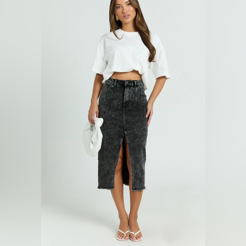 Showpo Janeve Midi Skirt - Front Split Denim Skirt in Black Acid Wash Size 0